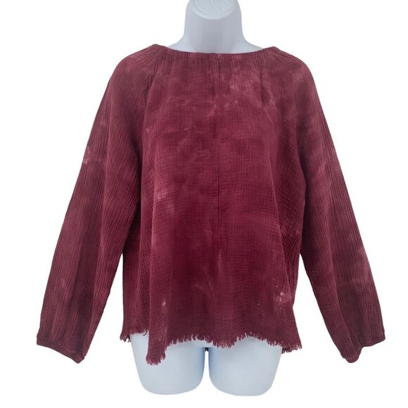 Anthropologie Cloth & Stone Burgundy Tie Dye Muslin Top with Raw Fringe Hem - Picture 5 of 11